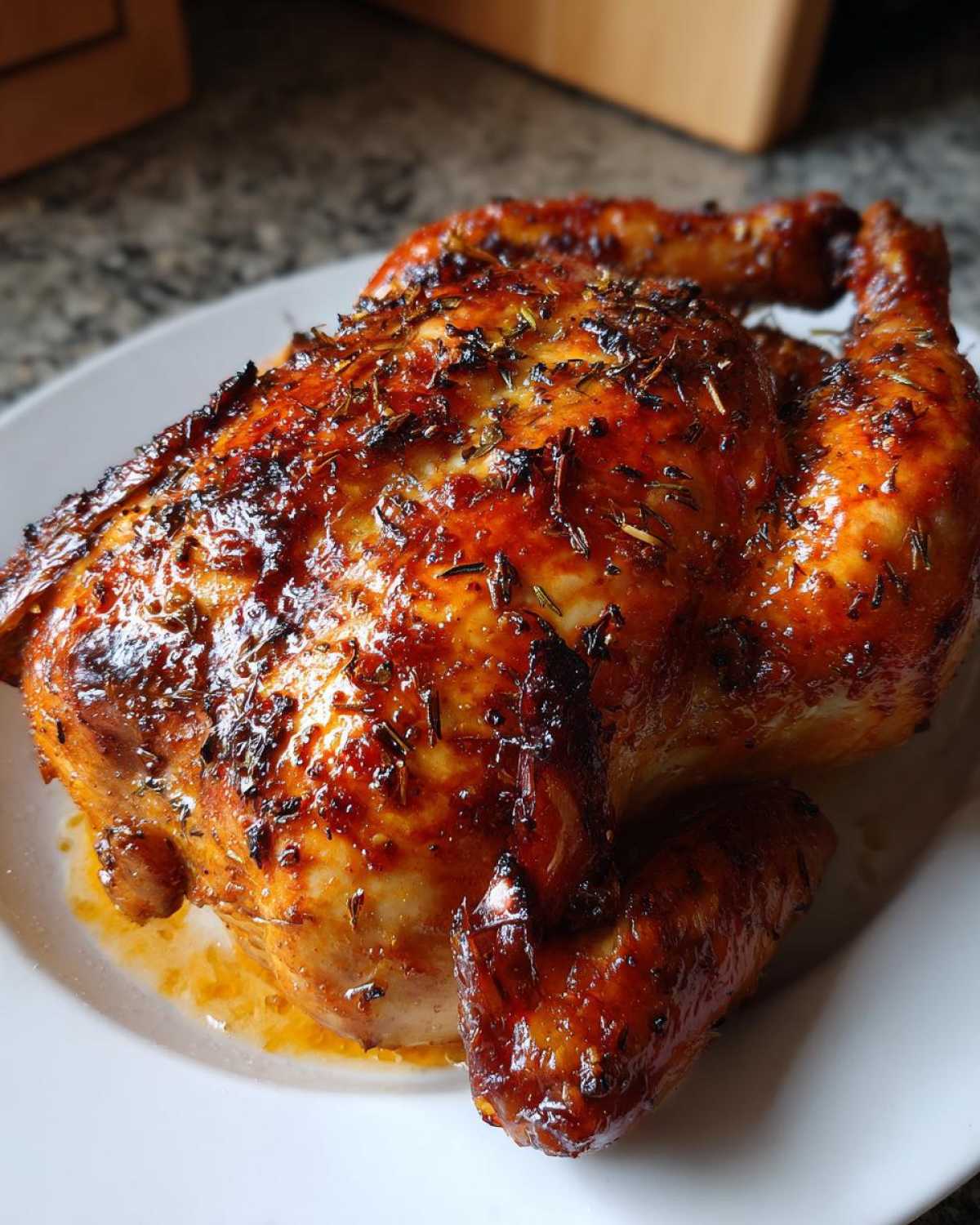 A whole, perfectly roasted Lemon Herb Roasted Chicken with deeply browned, crispy skin and visible herbs, resting on a white plate.