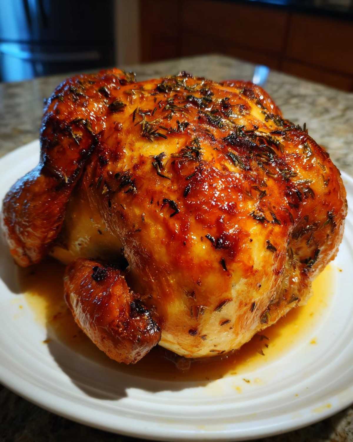 A whole, perfectly roasted Lemon Herb Roasted Chicken with incredibly crispy, golden-brown skin resting on a white plate.