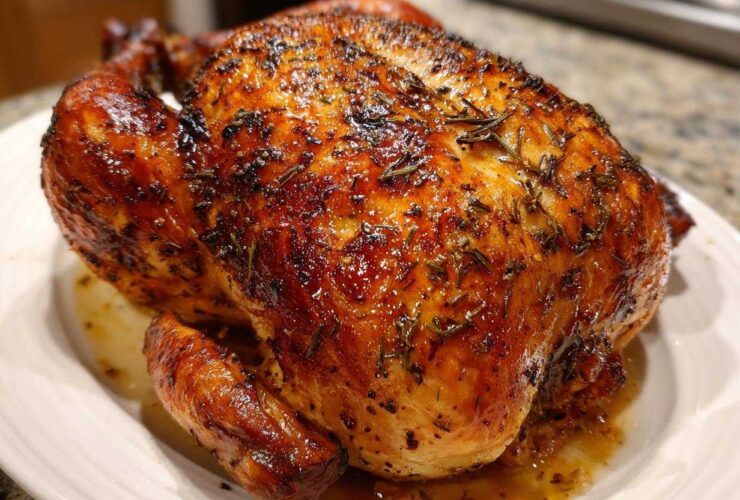 A beautifully browned whole Lemon Herb Roasted Chicken with glossy, crispy skin covered in herbs.