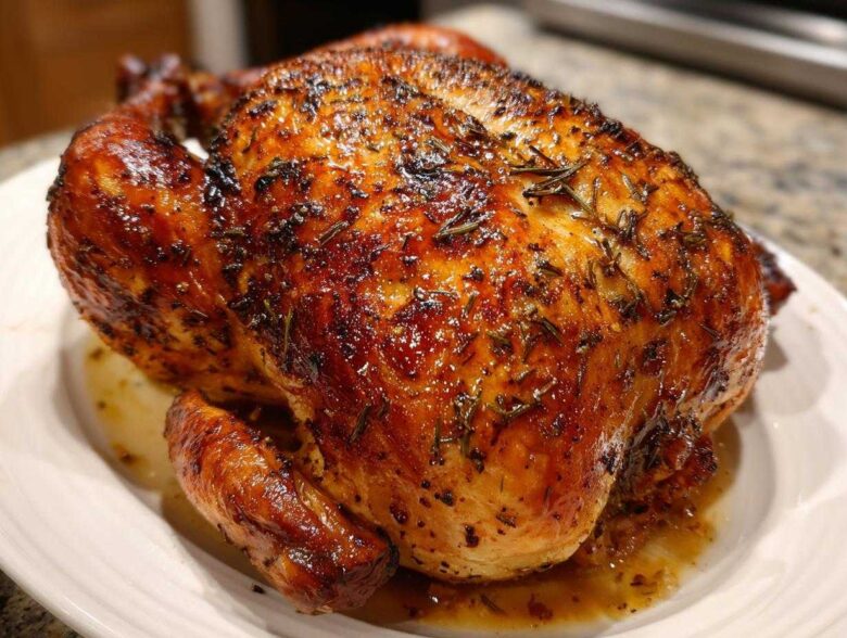 A beautifully browned whole Lemon Herb Roasted Chicken with glossy, crispy skin covered in herbs.