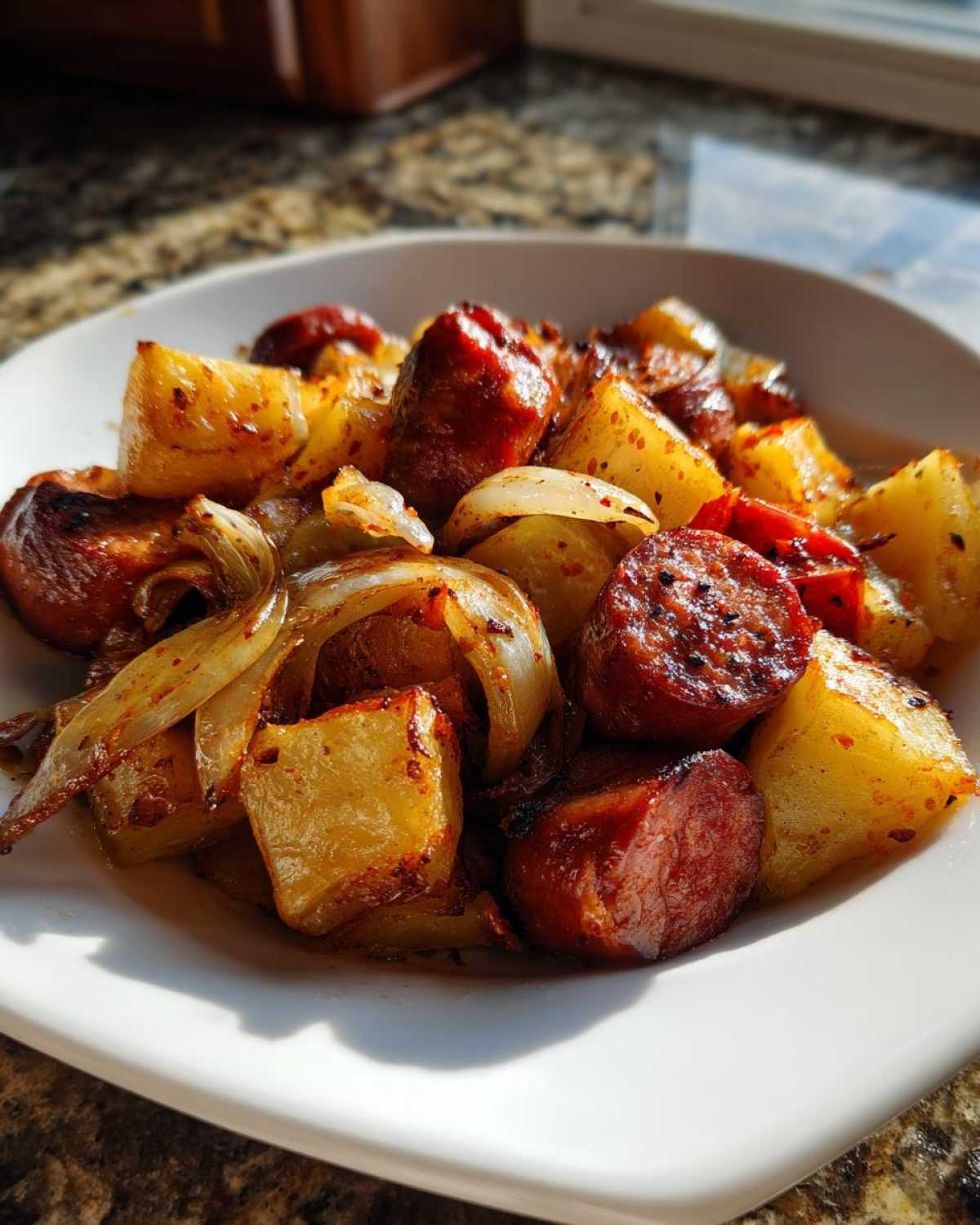Close-up of a white bowl filled with roasted sausage slices, golden potatoes, and caramelized onions from the One Pan Sausage and Potatoes Roasted Dinner.