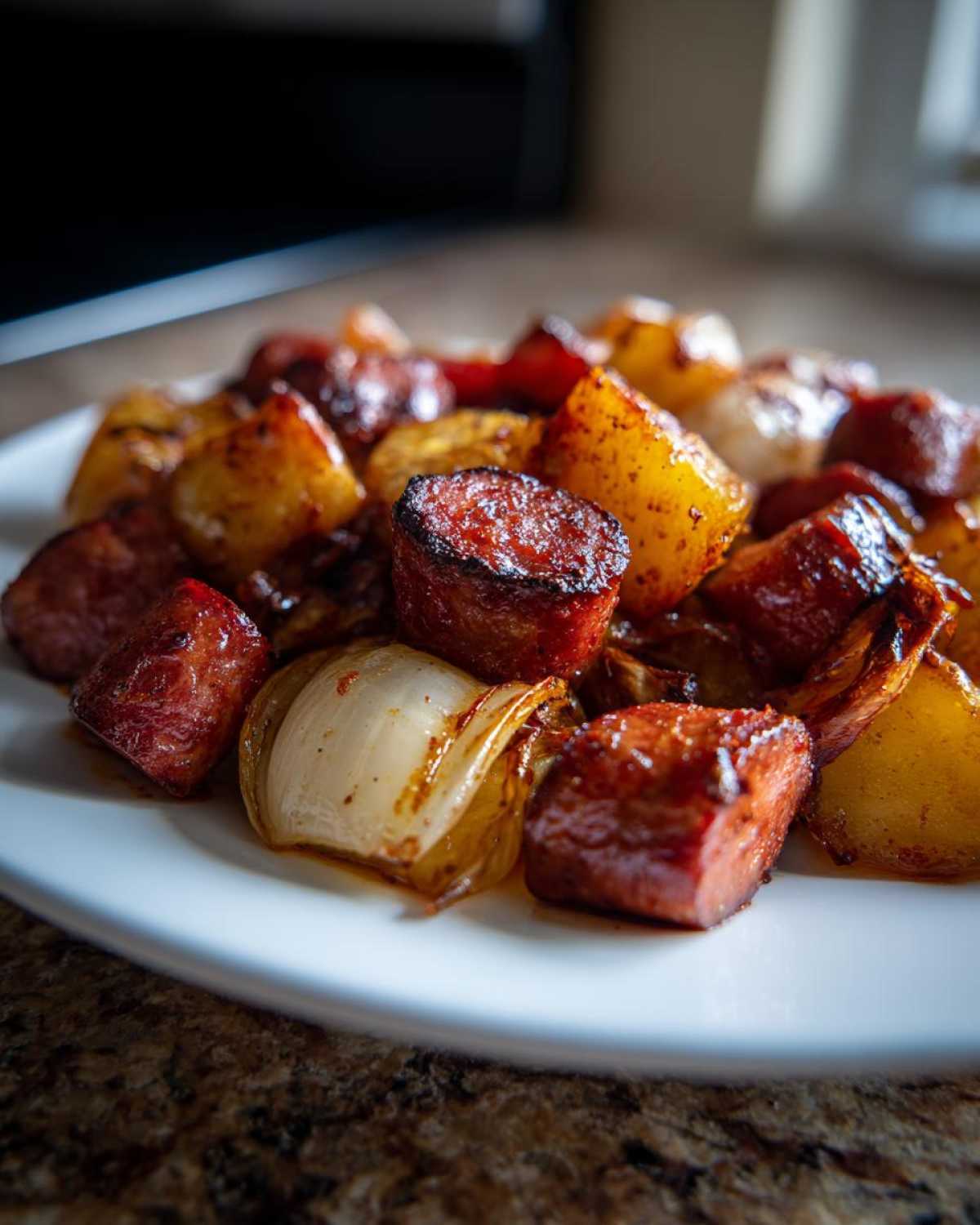 A close-up of roasted sausage chunks, potatoes, and caramelized onions from the One Pan Sausage and Potatoes Roasted Dinner.
