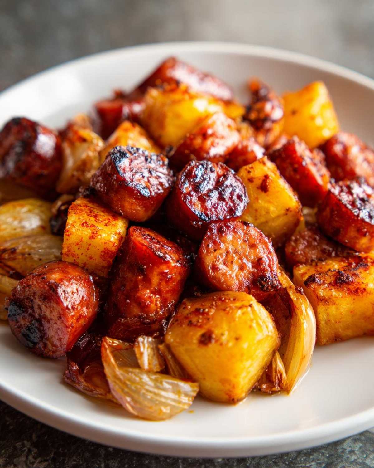 Close-up of caramelized sausage slices and roasted golden potatoes in a One Pan Sausage and Potatoes Roasted Dinner.
