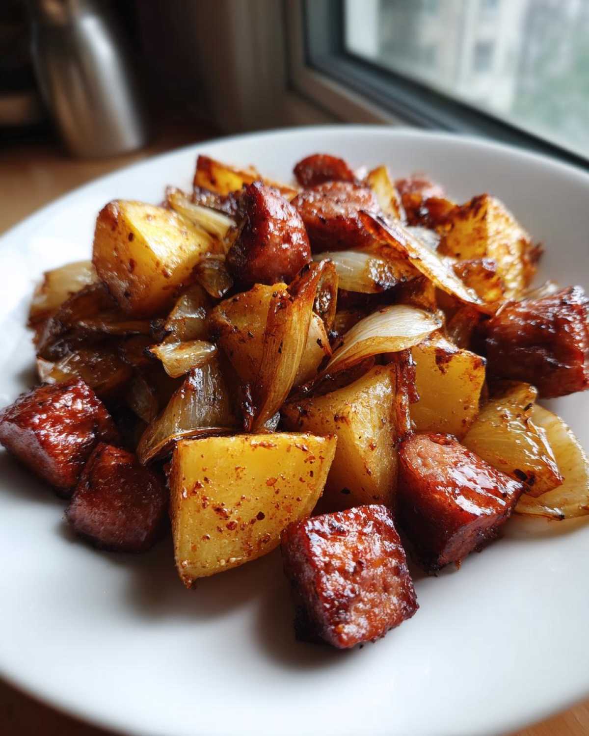 A close-up of roasted sausage chunks, golden potatoes, and caramelized onions from the One Pan Sausage and Potatoes Roasted Dinner.