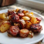Close-up of browned sausage coins, roasted potatoes, and caramelized onions from the One Pan Sausage and Potatoes Roasted Dinner.