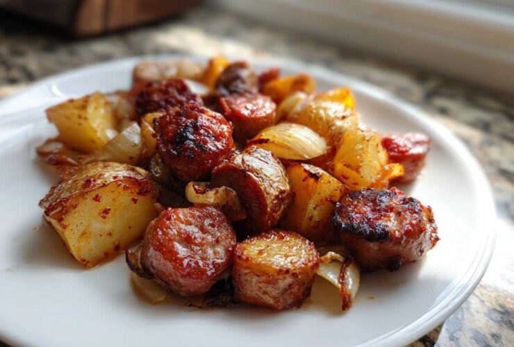 Close-up of browned sausage coins, roasted potatoes, and caramelized onions from the One Pan Sausage and Potatoes Roasted Dinner.