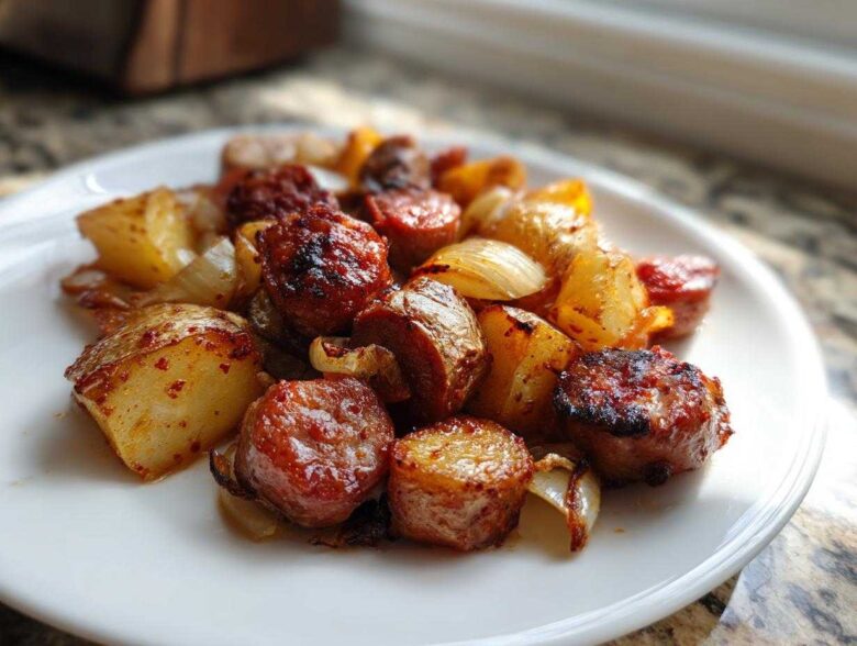 Close-up of browned sausage coins, roasted potatoes, and caramelized onions from the One Pan Sausage and Potatoes Roasted Dinner.