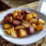 A white bowl filled with roasted sausage slices, golden potatoes, and caramelized onions from the One Pan Sausage and Potatoes Roasted Dinner.