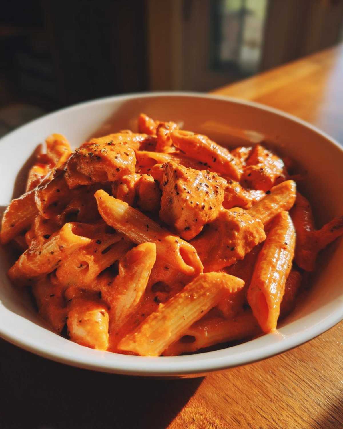 A bowl of One Pot Creamy Tomato Pasta with Chicken, featuring penne pasta and chunks of seasoned chicken in a rich, orange-red sauce.