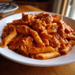 A close-up of a white bowl filled with One Pot Creamy Tomato Pasta with Chicken, garnished with herbs.