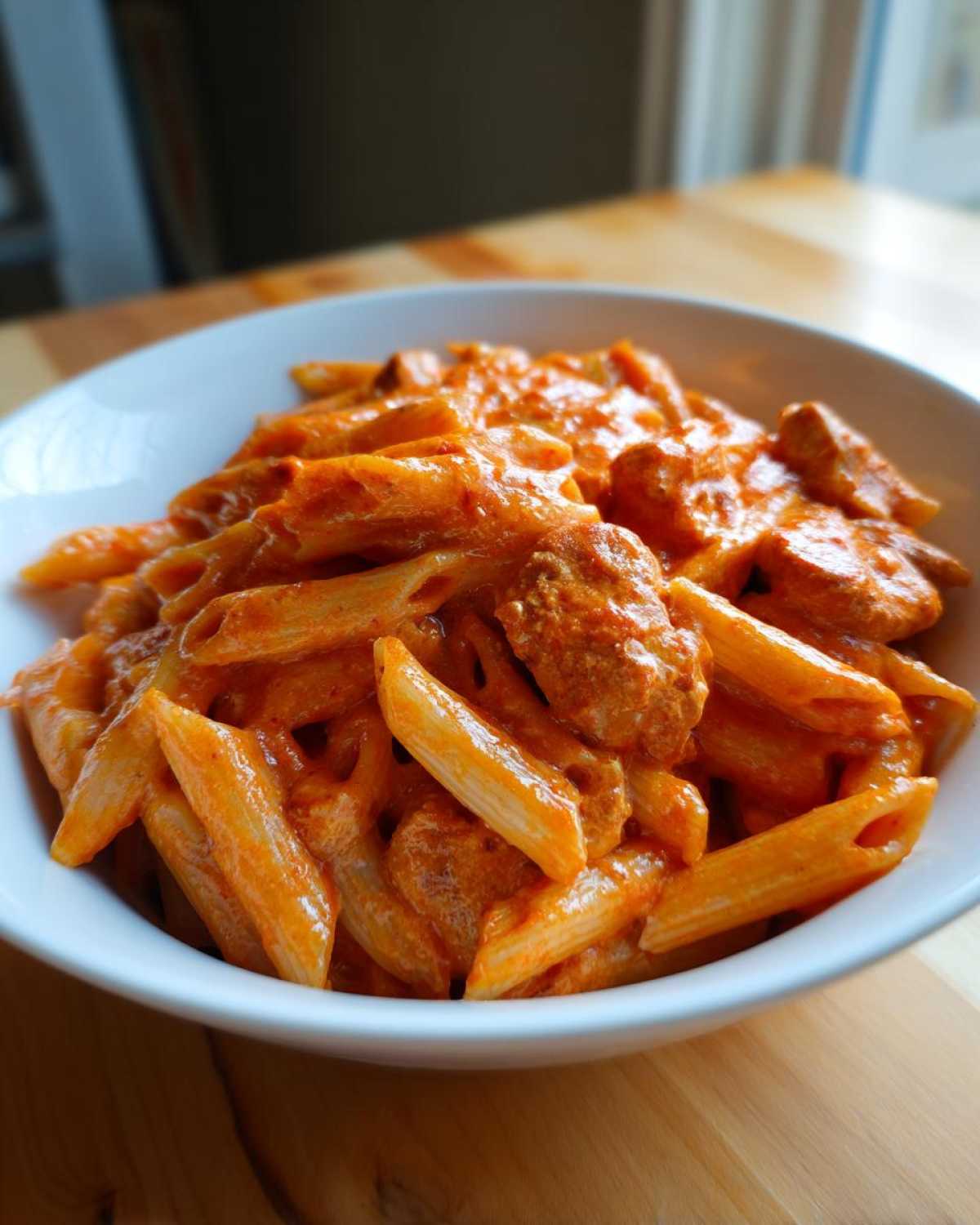 Close-up of penne pasta coated in a rich, creamy tomato sauce with chunks of chicken in a white bowl.