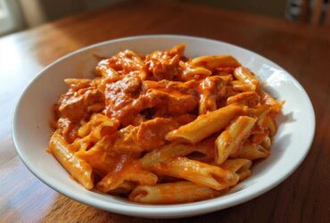 A close-up of a white bowl filled with One Pot Creamy Tomato Pasta with Chicken, featuring penne pasta and chunks of chicken in a rich orange sauce.