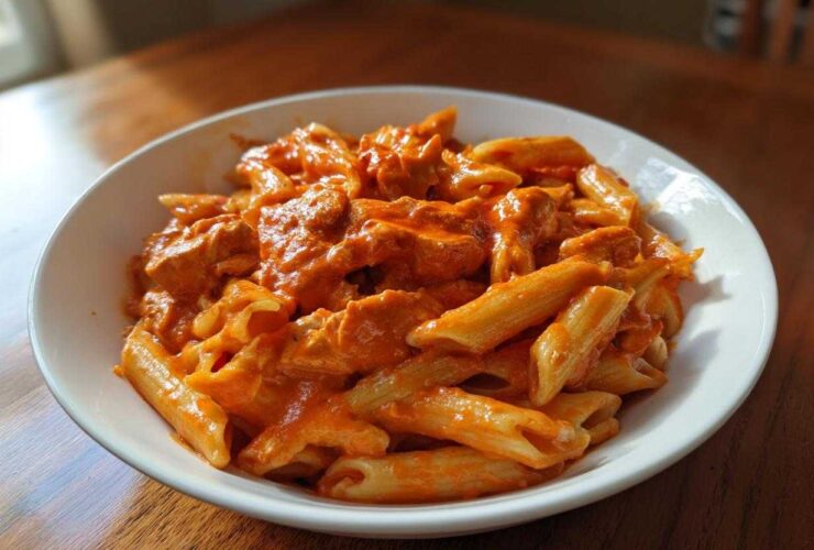 A close-up of a white bowl filled with One Pot Creamy Tomato Pasta with Chicken, featuring penne pasta and chunks of chicken in a rich orange sauce.