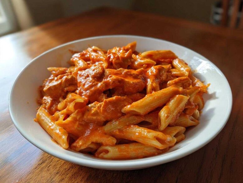 A close-up of a white bowl filled with One Pot Creamy Tomato Pasta with Chicken, featuring penne pasta and chunks of chicken in a rich orange sauce.