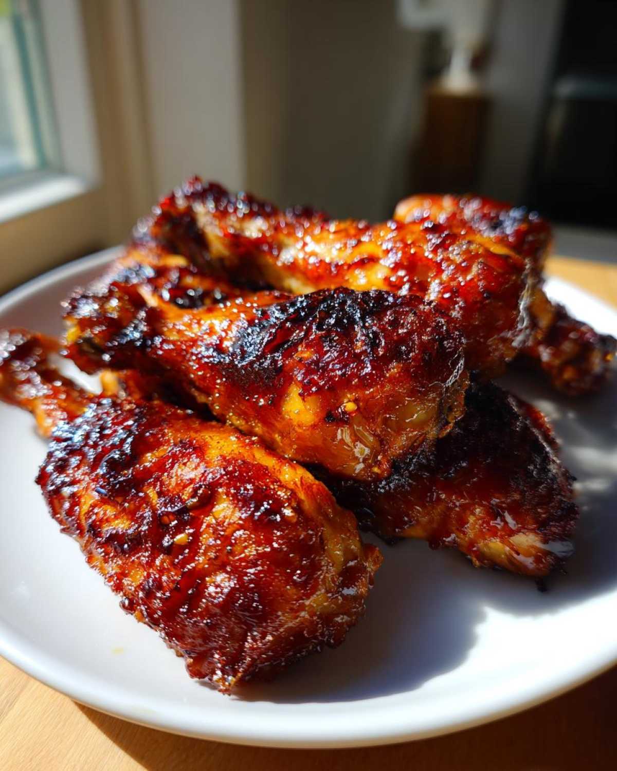 Close-up of several oven baked Crispy Honey Garlic Chicken Drumsticks with a shiny, caramelized glaze.