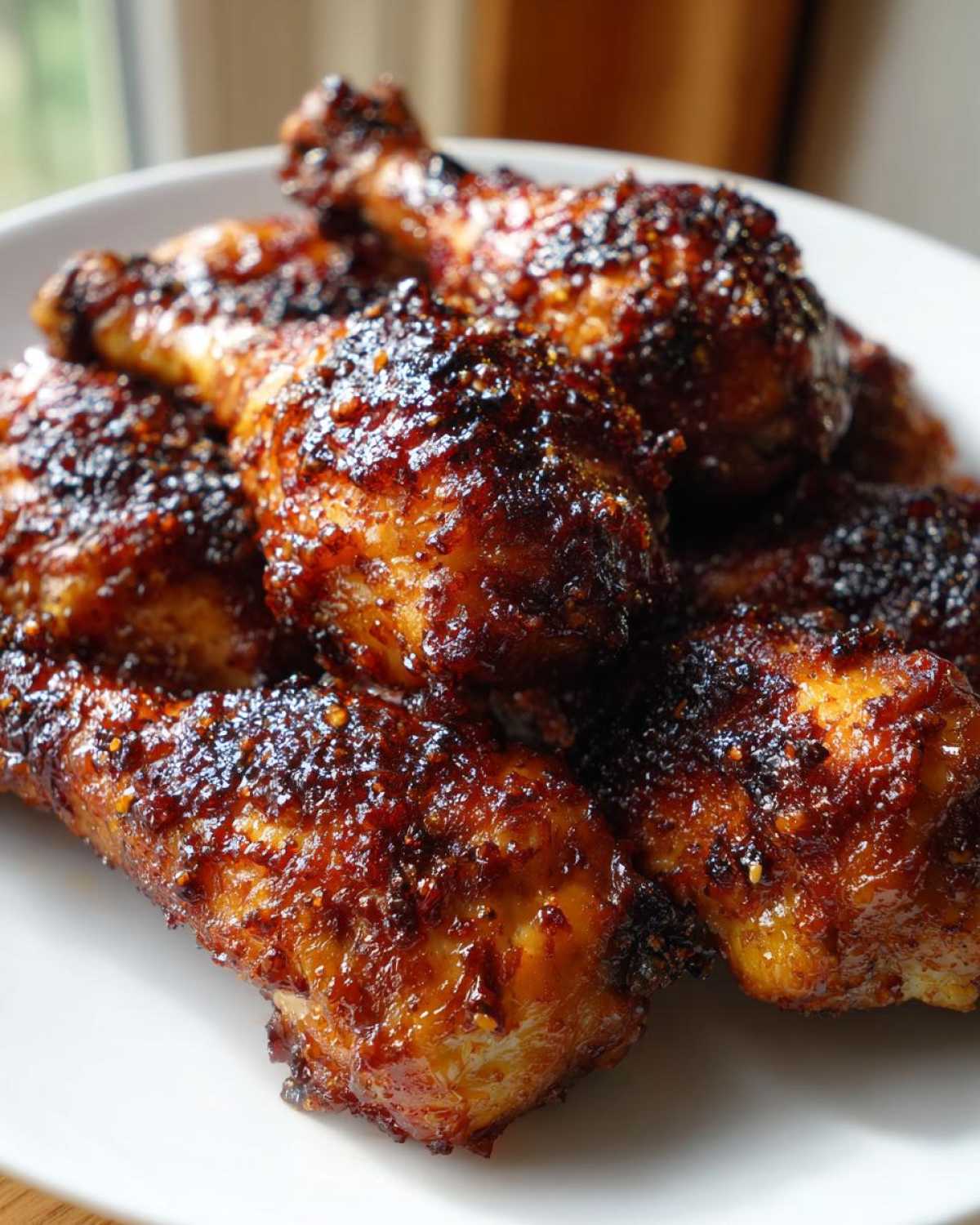 A close-up of several oven baked Crispy Honey Garlic Chicken drumsticks piled on a white plate, showing a dark, sticky glaze.