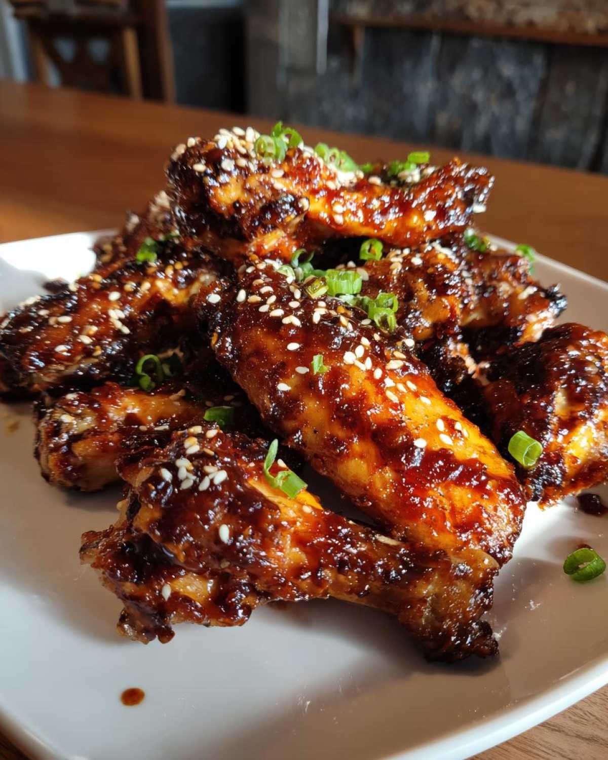 A pile of glossy, glazed Sticky Teriyaki Chicken Wings Oven Baked, topped with sesame seeds and chopped green onions.