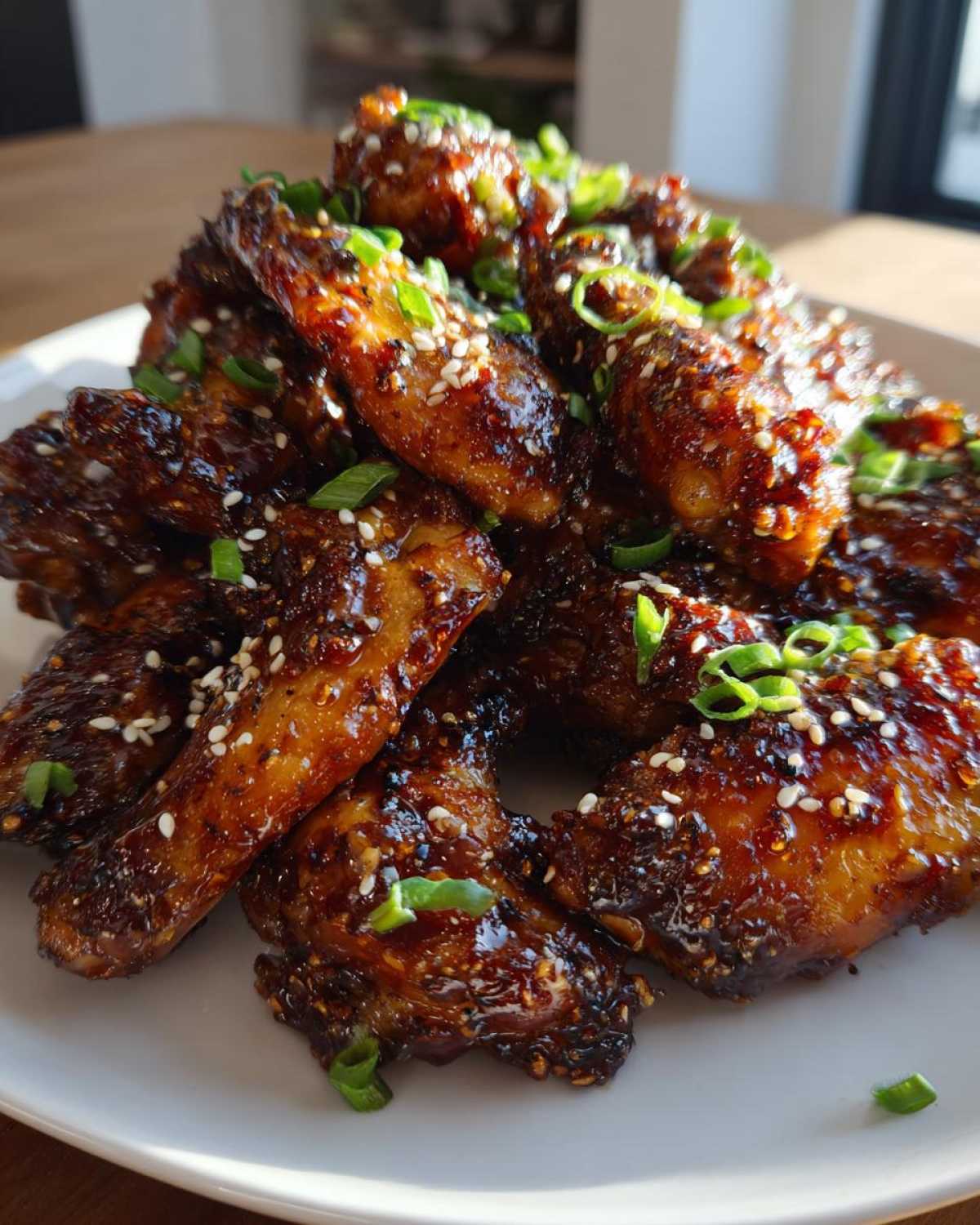 A pile of glossy, caramelized Sticky Teriyaki Chicken Wings Oven Baked, garnished with sesame seeds and green onions.