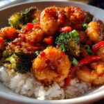 Close-up of a bowl featuring Spicy Honey Garlic Shrimp over white rice with broccoli and red peppers.