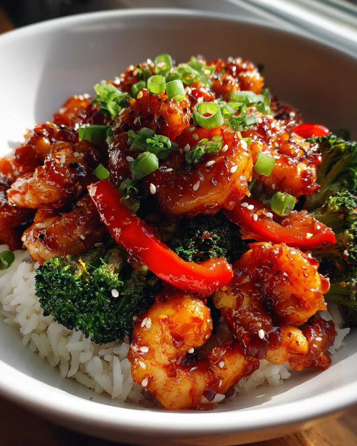 Close-up of a Spicy Honey Garlic Shrimp with Rice Bowl, topped with sesame seeds and green onions.