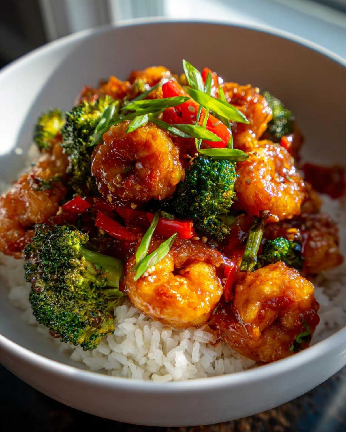 Close-up of Spicy Honey Garlic Shrimp with Rice Bowl, featuring glazed shrimp, broccoli, and red peppers.