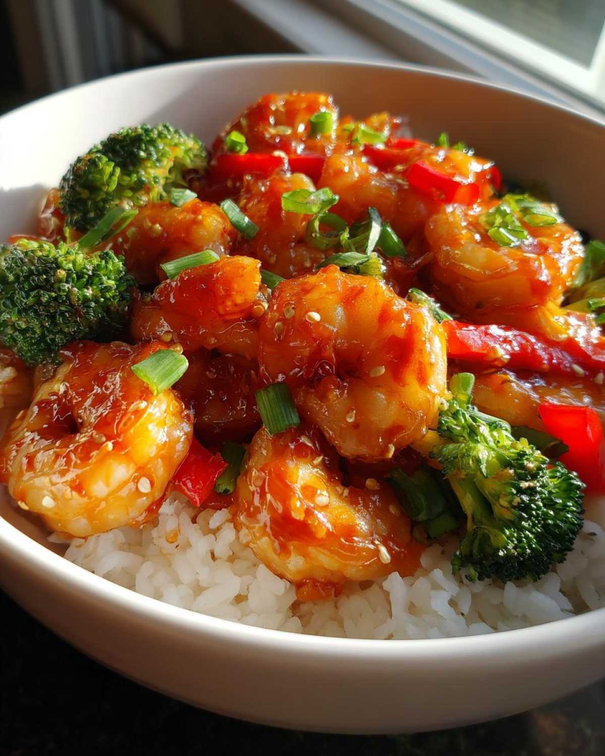 Close-up of a Spicy Honey Garlic Shrimp with Rice Bowl featuring glazed shrimp, broccoli, and red peppers over white rice.