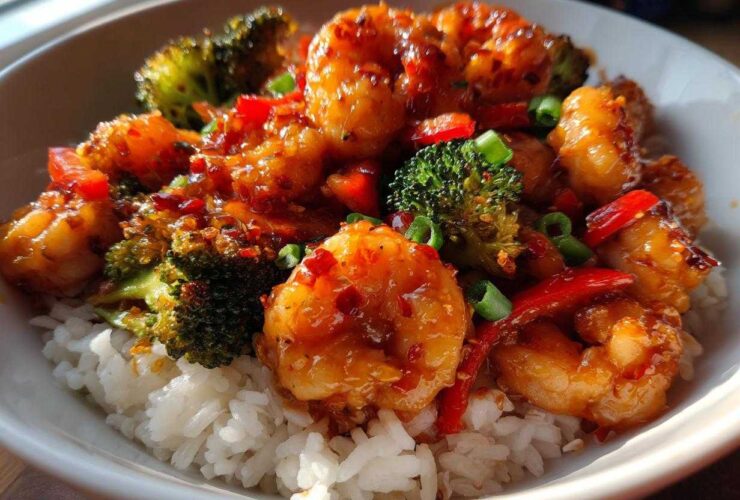 Close-up of a bowl featuring Spicy Honey Garlic Shrimp over white rice with broccoli and red peppers.