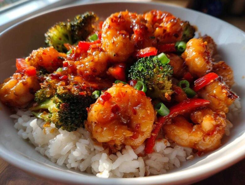 Close-up of a bowl featuring Spicy Honey Garlic Shrimp over white rice with broccoli and red peppers.