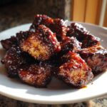 A close-up photo of glistening Sticky BBQ Chicken Bites with caramelized edges piled on a white plate.