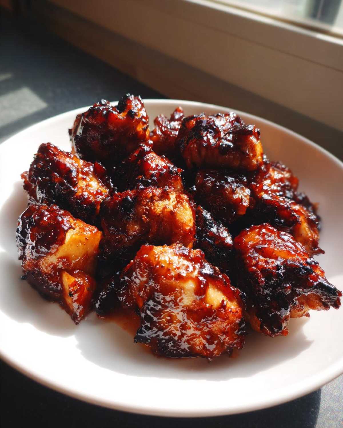 A pile of Sticky BBQ Chicken Bites glazed with dark, caramelized sauce, served on a white plate.