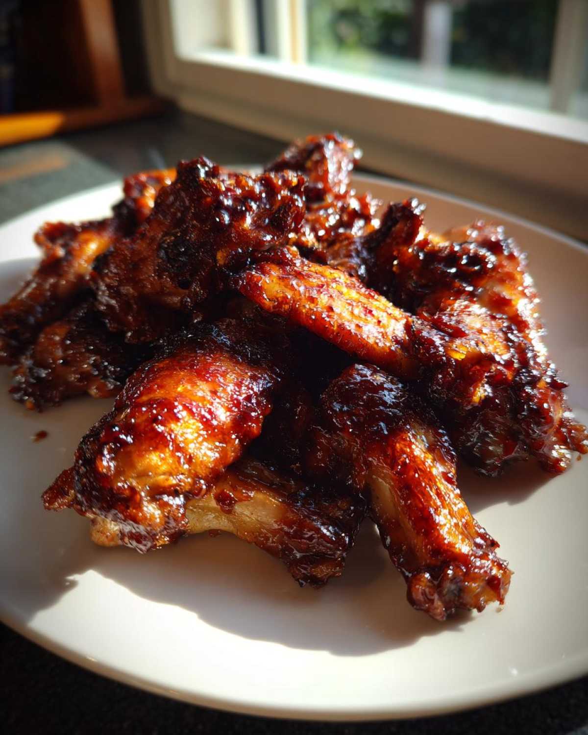 A pile of glistening Sticky BBQ Chicken Bites on a white plate, showing deep caramelization and a thick sauce coating.