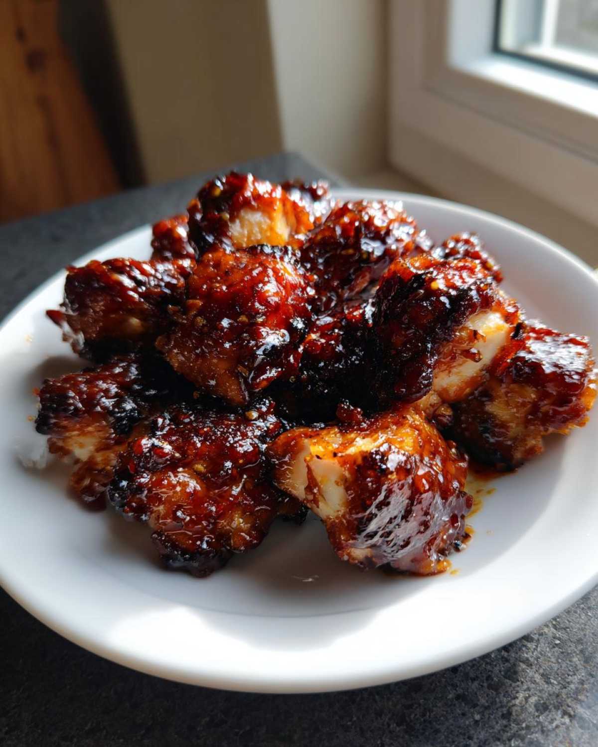 A close-up of tender Sticky BBQ Chicken Bites coated in a thick, dark, glossy sauce, piled on a white plate.