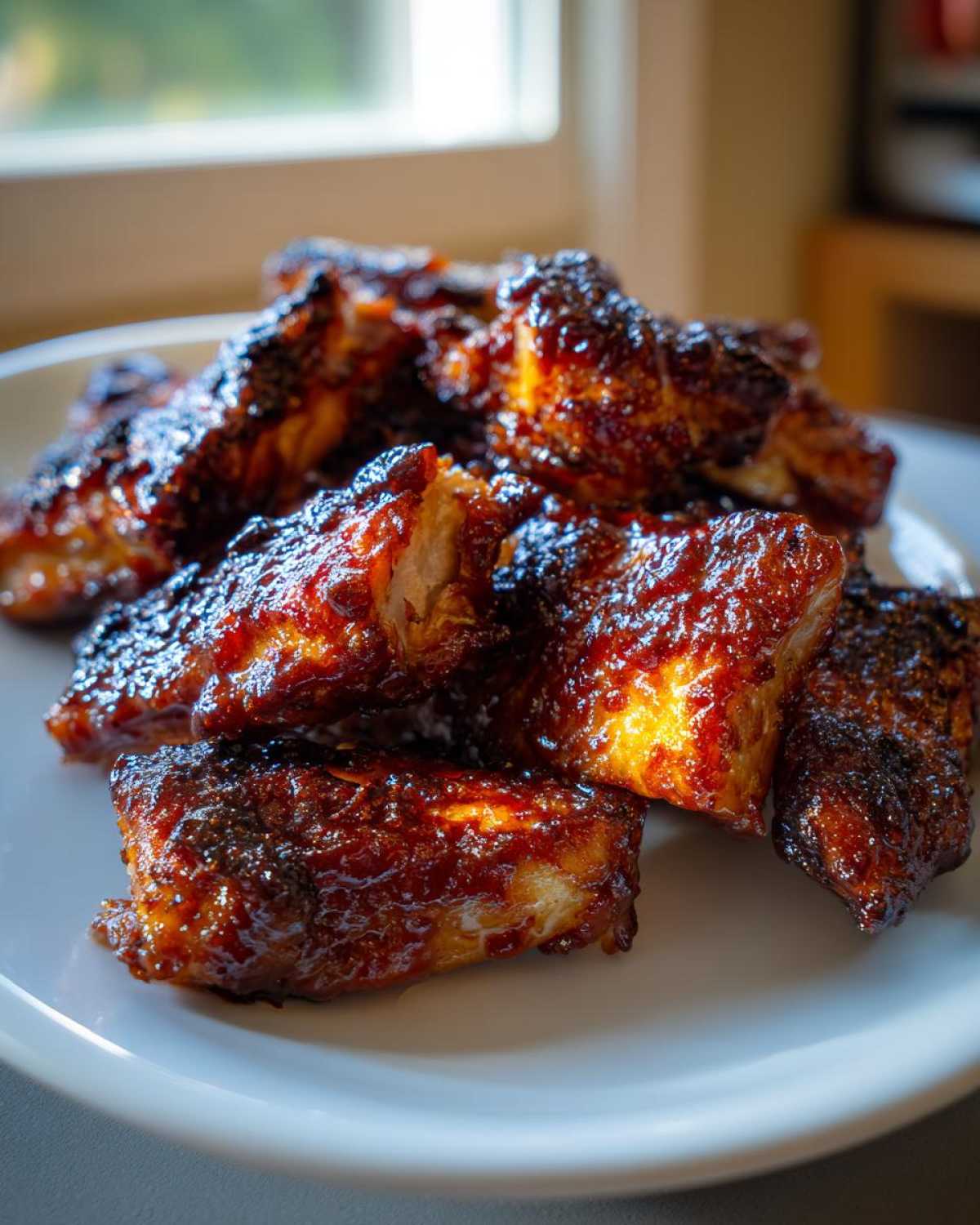 A pile of glistening Sticky BBQ Chicken Bites with deeply caramelized, dark edges served on a white plate.