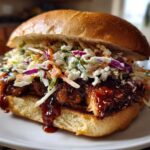A close-up of a Sticky BBQ Chicken Sandwich piled high with saucy chicken and crunchy coleslaw on a brioche bun.