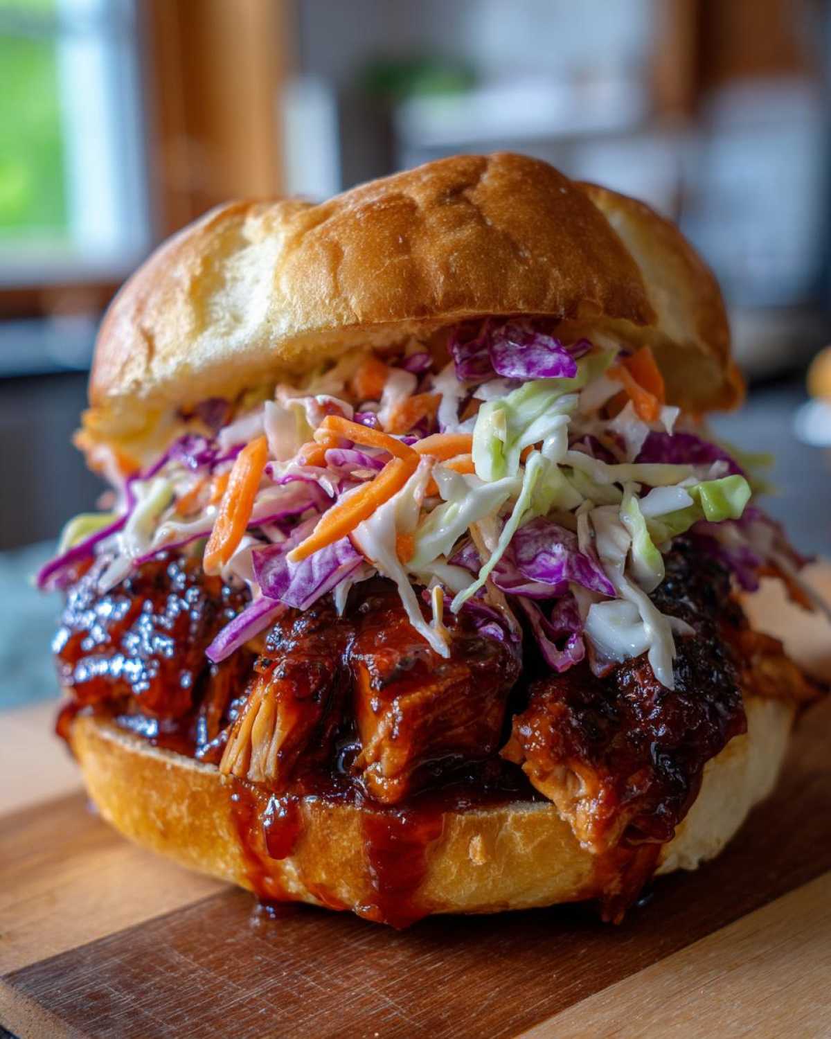 Close-up of a Sticky BBQ Chicken Sandwich piled high with saucy chicken and colorful crunchy slaw on a toasted bun.