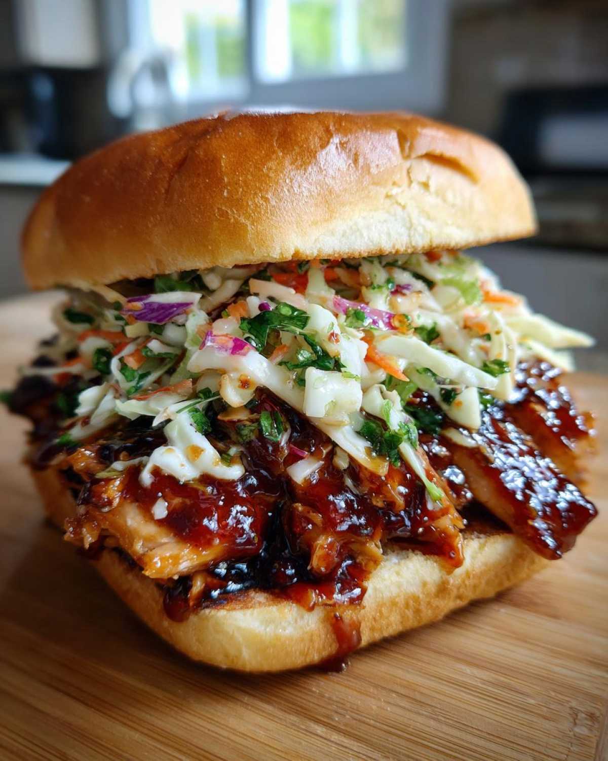 A close-up of a Sticky BBQ Chicken Sandwich piled high with saucy chicken and crunchy coleslaw on a brioche bun.