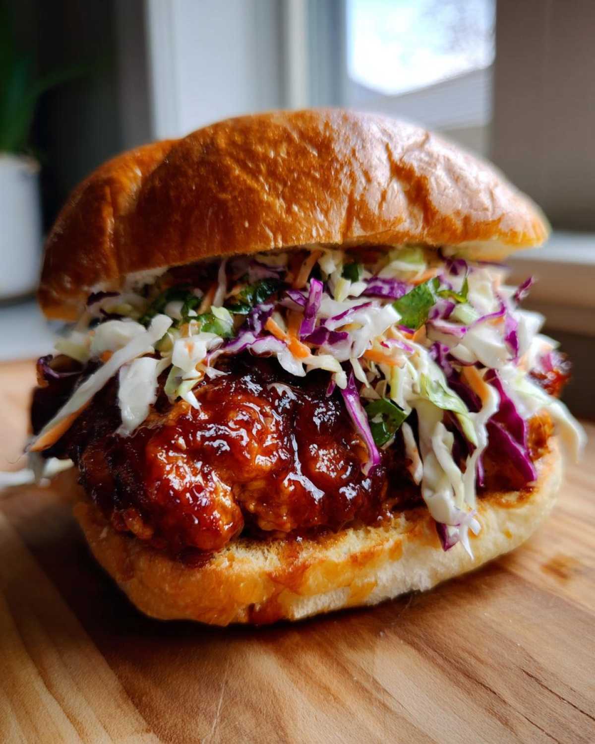 A close-up of a Sticky BBQ Chicken Sandwich featuring a glazed chicken patty and vibrant crunchy slaw on a toasted bun.