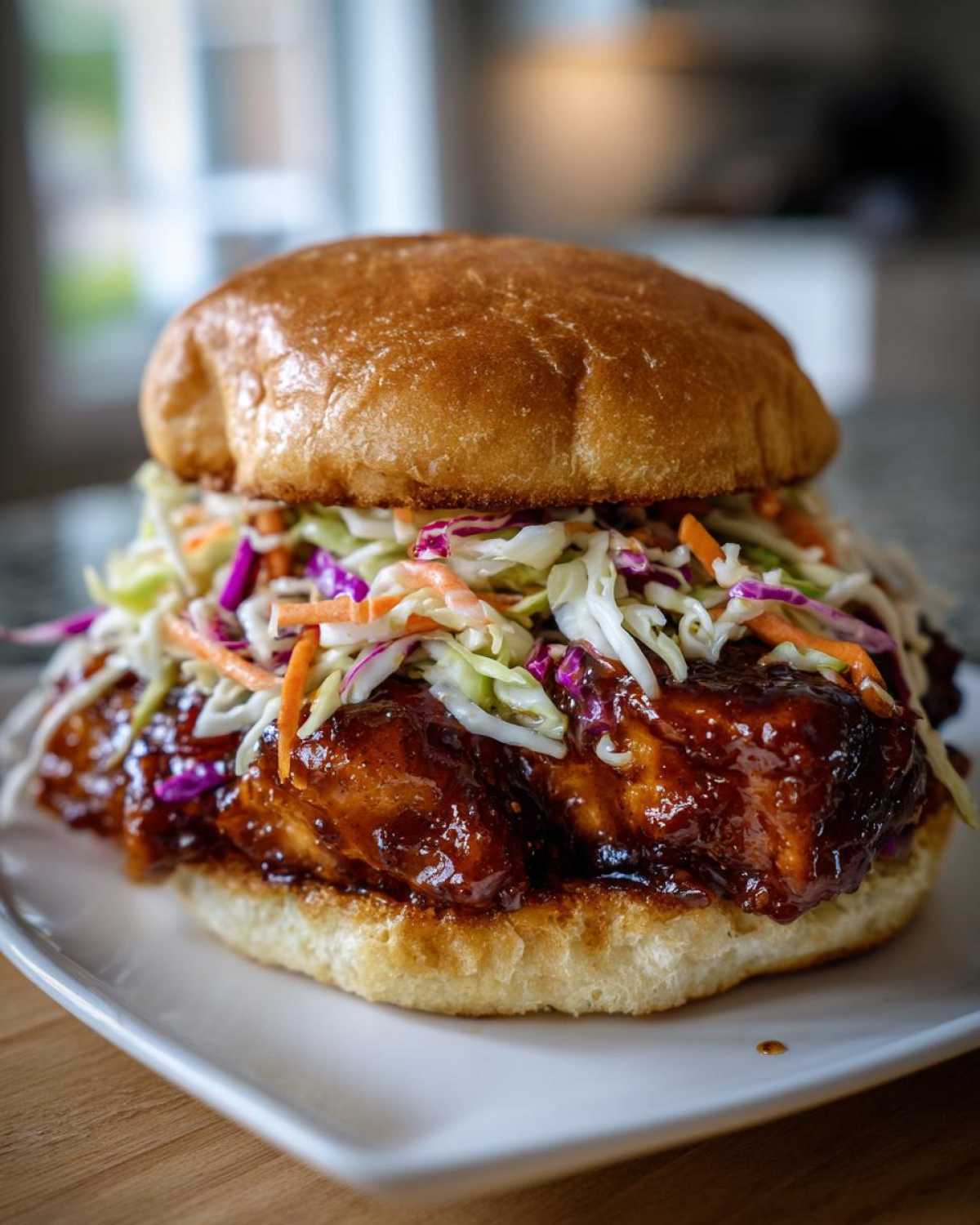 A close-up of a Sticky BBQ Chicken Sandwich piled high with glossy sauce and colorful crunchy slaw on a brioche bun.