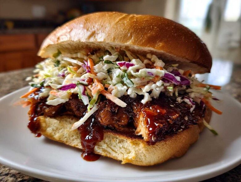 A close-up of a Sticky BBQ Chicken Sandwich piled high with saucy chicken and crunchy coleslaw on a brioche bun.