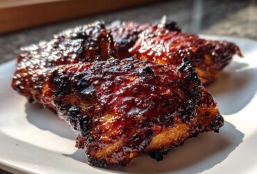 Three pieces of Sticky BBQ Chicken Thighs with crispy, caramelized edges glistening under bright sunlight on a white plate.