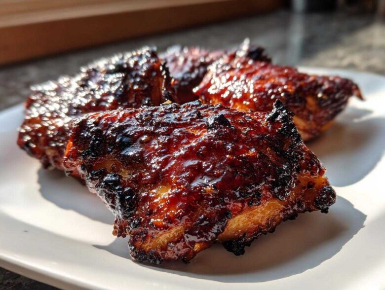 Three pieces of Sticky BBQ Chicken Thighs with crispy, caramelized edges glistening under bright sunlight on a white plate.