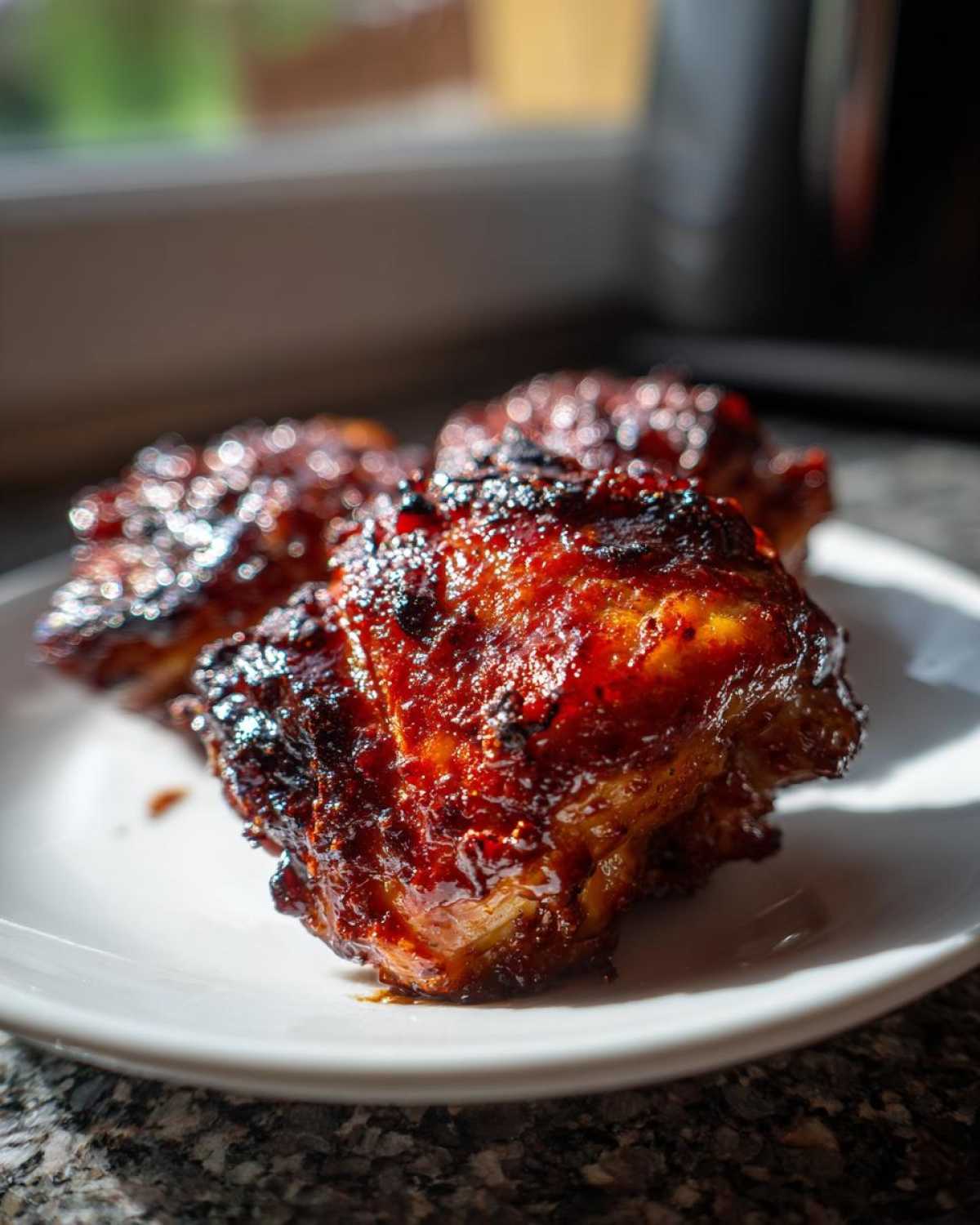 Close-up of three Sticky BBQ Chicken Thighs with Crispy Edges, glistening with dark, caramelized sauce on a white plate.