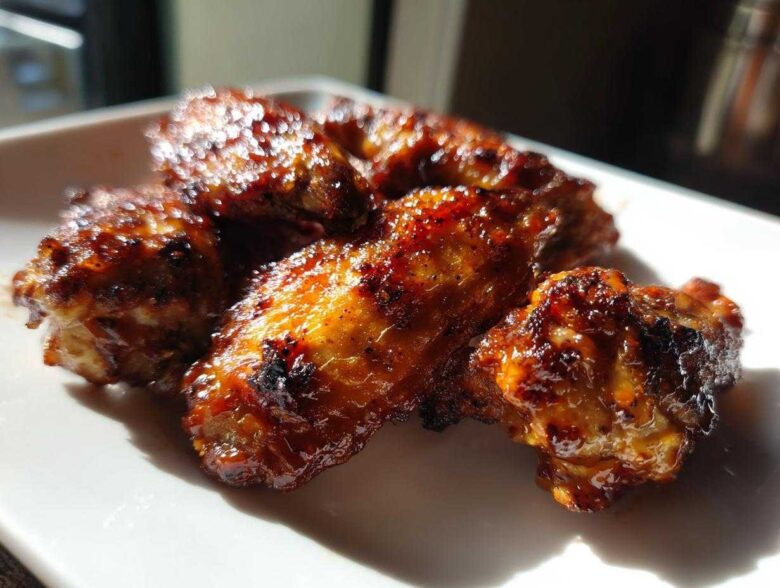 Close-up of several Sticky BBQ Chicken Wings Crispy Oven Style glistening with glaze on a white plate.