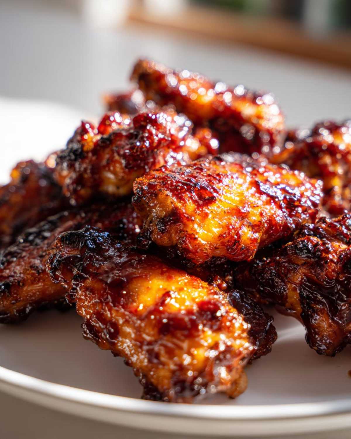Close-up of perfectly cooked, glossy Sticky BBQ Chicken Wings Crispy Oven Style piled on a white plate.