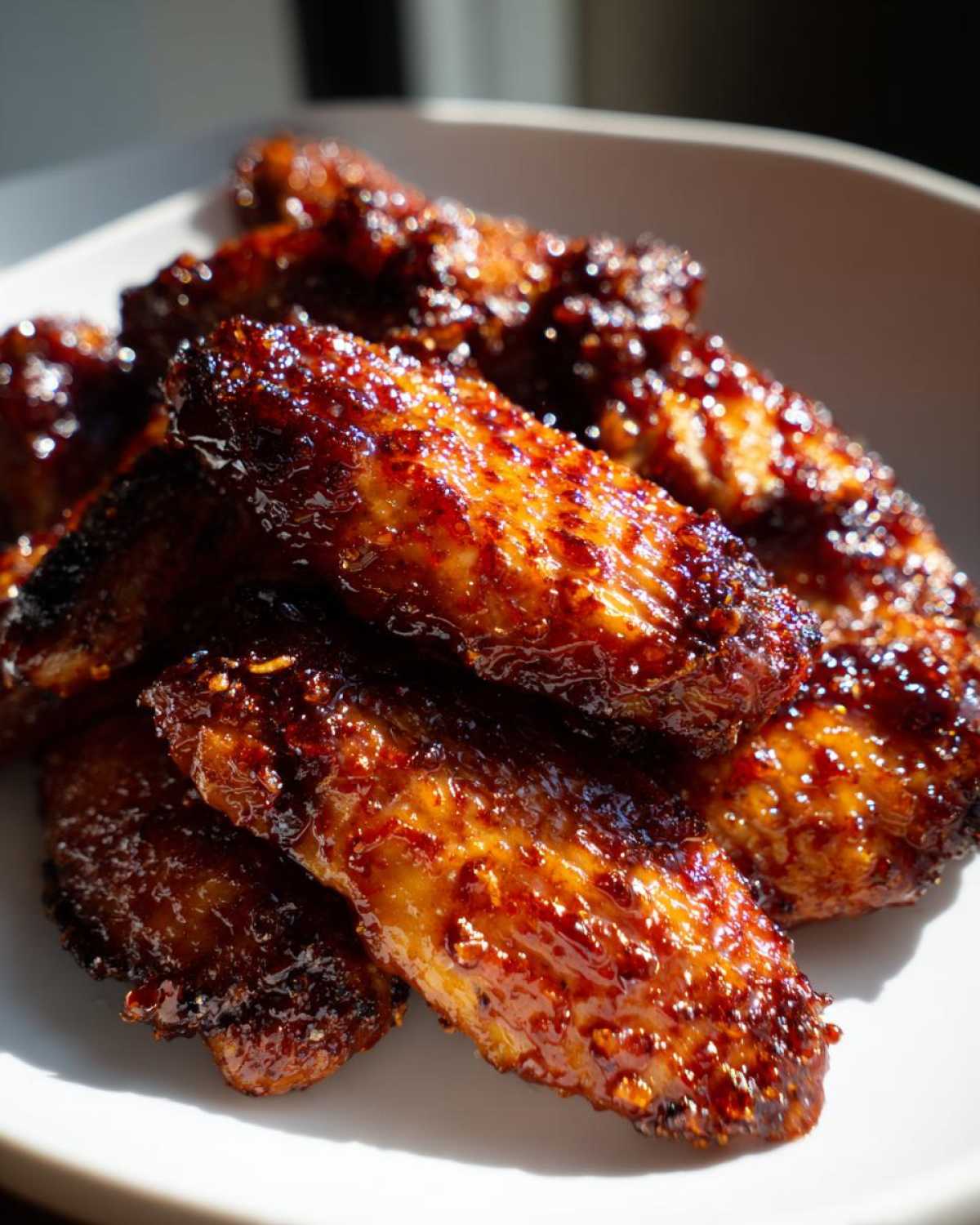 A close-up of several glistening, caramelized Sticky BBQ Chicken Wings Crispy Oven Style piled on a white plate.