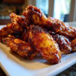 A close-up of sticky and crispy Honey Sriracha Chicken Wings piled high on a white serving platter.