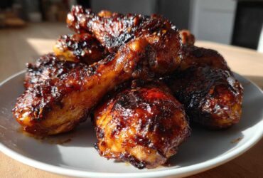 A pile of crispy Sticky Honey Garlic Chicken Drumsticks coated in a dark, glossy glaze on a white plate.