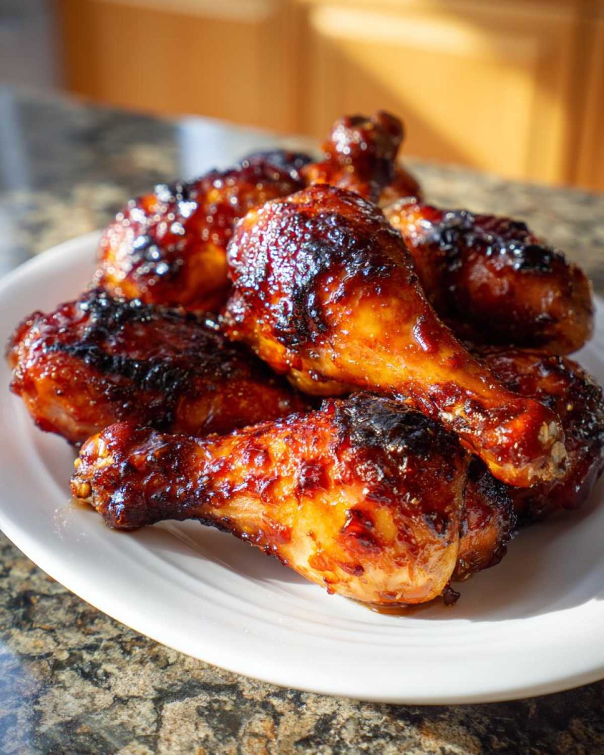A pile of amazingly crispy Sticky Honey Garlic Chicken Drumsticks glazed with a dark, shiny sauce, served on a white plate.