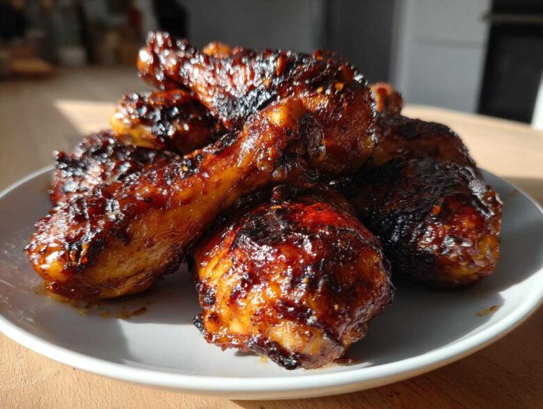 A pile of crispy Sticky Honey Garlic Chicken Drumsticks coated in a dark, glossy glaze on a white plate.
