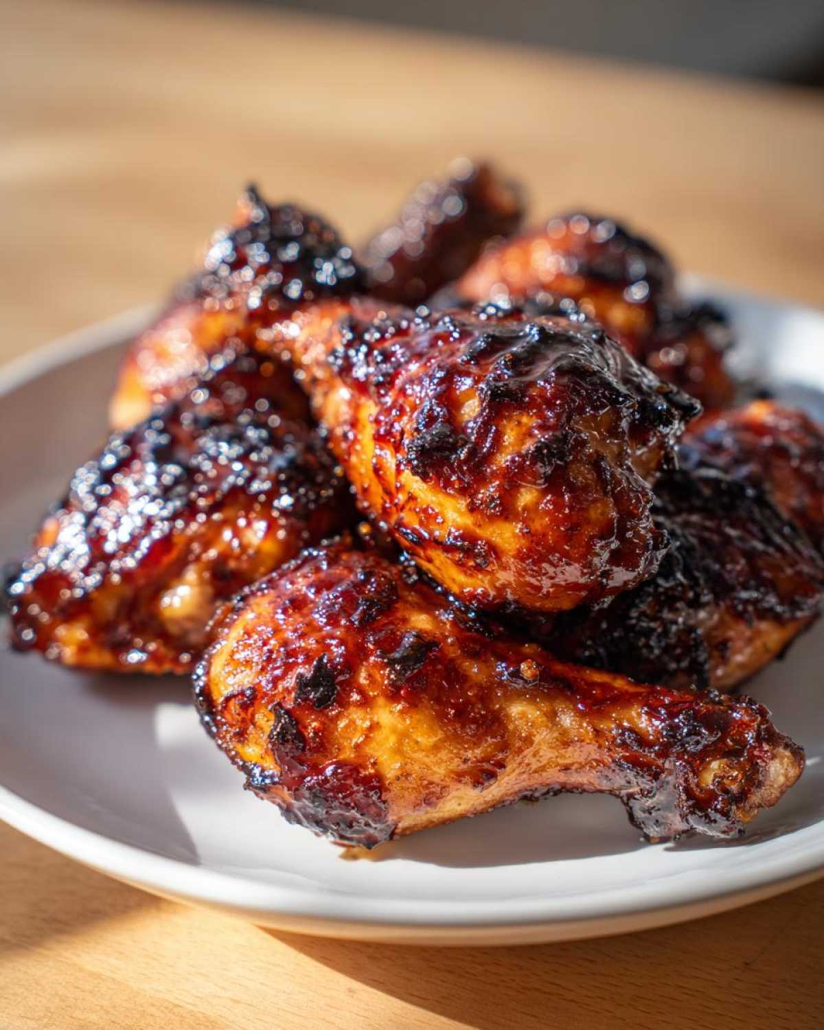 A pile of perfectly cooked Sticky Honey Garlic Chicken Drumsticks Crispy with a dark, glossy glaze.